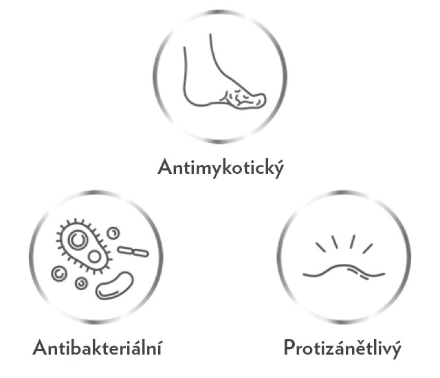 Tři ikony značící antimykotický, antibakteriální a protizánětlivý účinek přípravku Canespor 1x denně roztok